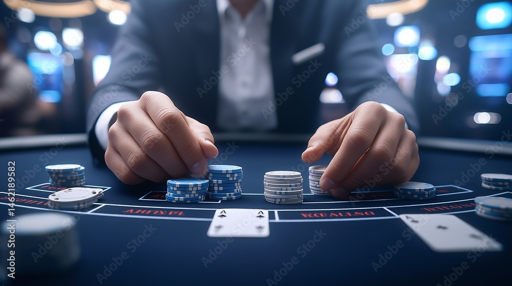 A focused gambler's hands place chips on a casino table, showcasing a thrilling moment in the world of gambling. The vibrant energy of the casino ambiance enhances the scene.