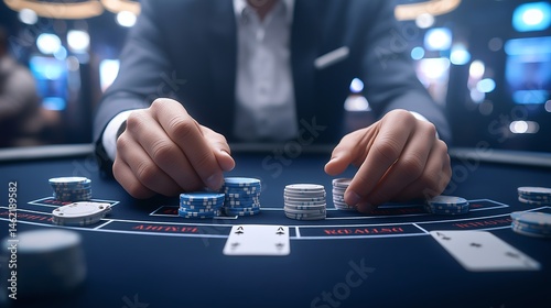 Obraz na płótnie A focused gambler's hands place chips on a casino table, showcasing a thrilling moment in the world of gambling. The vibrant energy of the casino ambiance enhances the scene. w salonie