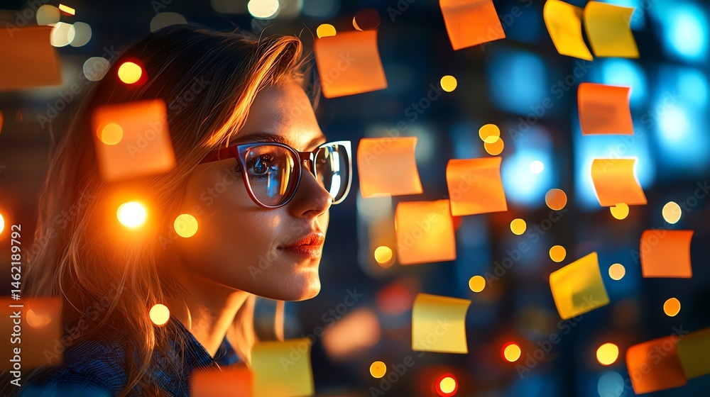 A focused woman wearing glasses stands amidst colorful sticky notes in a modern workspace