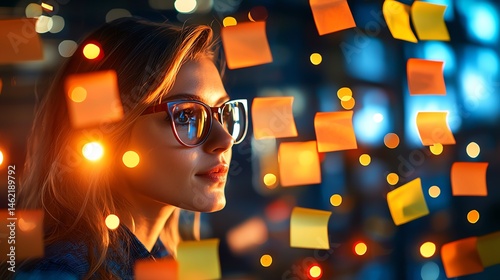 Obraz na płótnie A focused woman wearing glasses stands amidst colorful sticky notes in a modern workspace w salonie