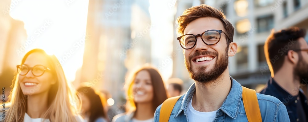 A group of cheerful individuals enjoying a sunny day in an urban setting. The scene captures the essence of happiness and connection among friends amidst a vibrant city backdrop.