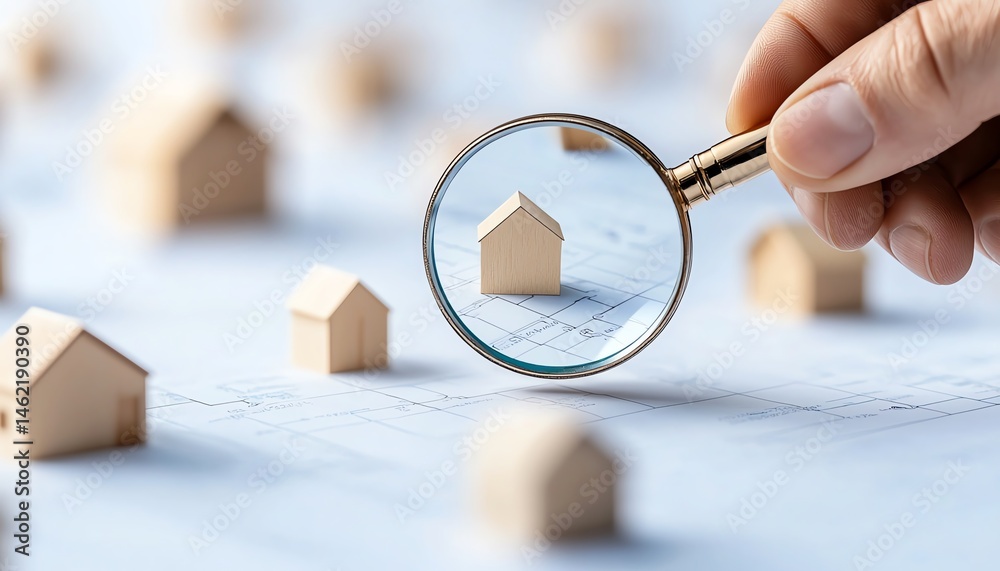 A hand holds a magnifying glass over miniature wooden houses on a blueprint, symbolizing real estate analysis and property market research, showcasing attention to detail in invest