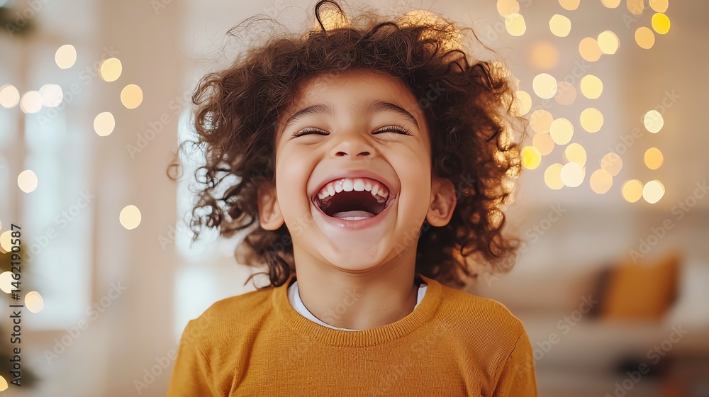 A joyful child with curly hair laughing heartily, surrounded by warm ambient light, showcasing pure happiness and innocence. Perfect for capturing the essence of childhood joy.