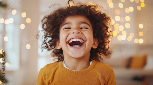 Obraz na płótnie A joyful child with curly hair laughing heartily, surrounded by warm ambient light, showcasing pure happiness and innocence. Perfect for capturing the essence of childhood joy. w salonie