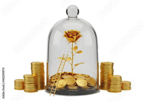 Obraz na płótnie Golden rose under a glass dome, surrounded by stacks of gold coins. A small ladder leans against the dome. w salonie