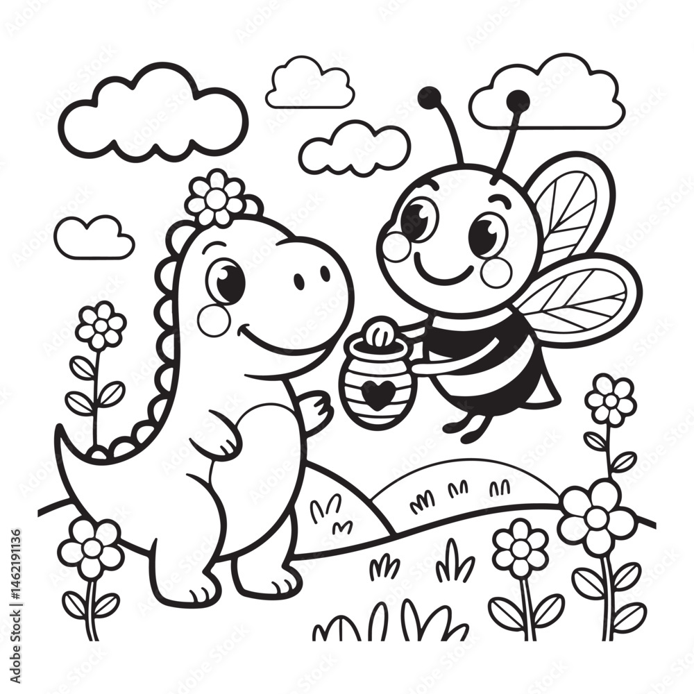 Fototapeta premium Cute cartoon dinosaur and bee coloring page
