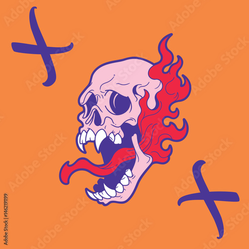 A skull with flames on one side and its tongue sticking out, with two crosses on an orange background.