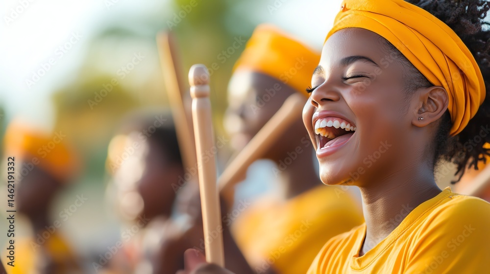 A joyful young girl in a vibrant yellow outfit plays drums with enthusiasm, surrounded by fellow musicians. The scene captures the essence of celebration and cultural expression.