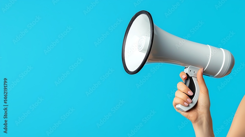 A person holding a megaphone against a vibrant blue background, symbolizing communication, announcement, and public speaking. Ideal for representation of advocacy and messaging.