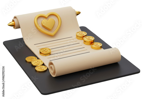 Golden heart on a parchment scroll with gold coins.  Love and money concept.