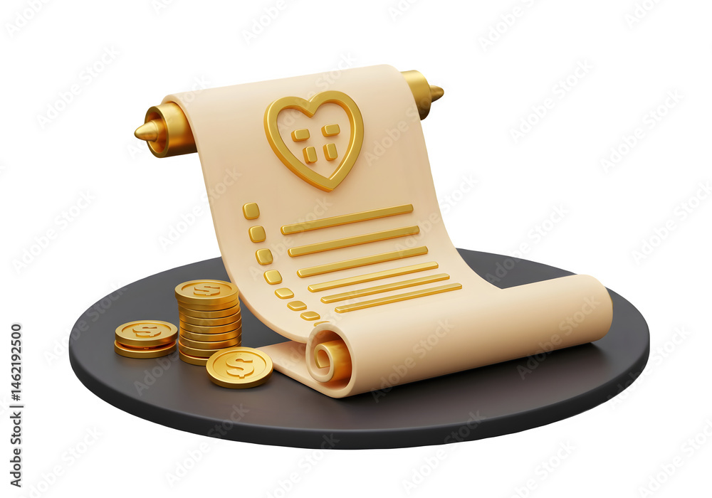 Golden scroll with heart icon and coins. Financial plan or insurance concept.