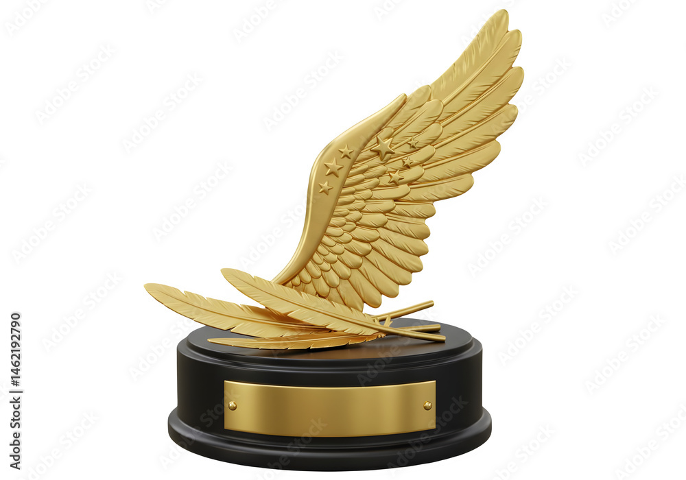 Golden award statuette with feathers and wings.