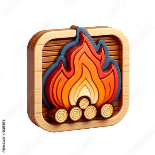 3D colorful fire icon with wooden texture isolated on white background