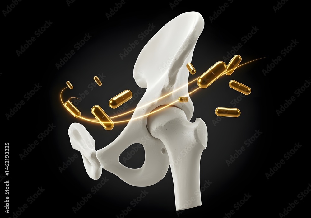 Golden capsules orbiting a 3D model of a human hip joint. Health, wellness, and joint support concept.