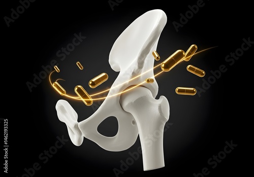 Golden capsules orbiting a 3D model of a human hip joint.  Health, wellness, and joint support concept.