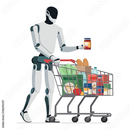 Humanoid robot buying groceries at the supermarket