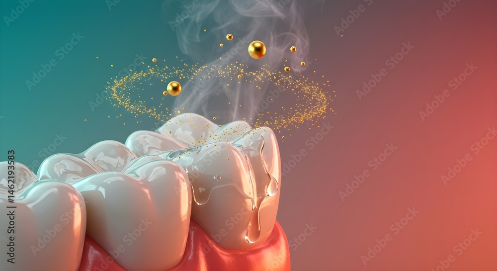 Close-up of teeth with a sealant application. A shimmering, smoky effect highlights the process.