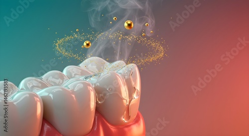 Obraz na płótnie Close-up of teeth with a sealant application. A shimmering, smoky effect highlights the process. w salonie