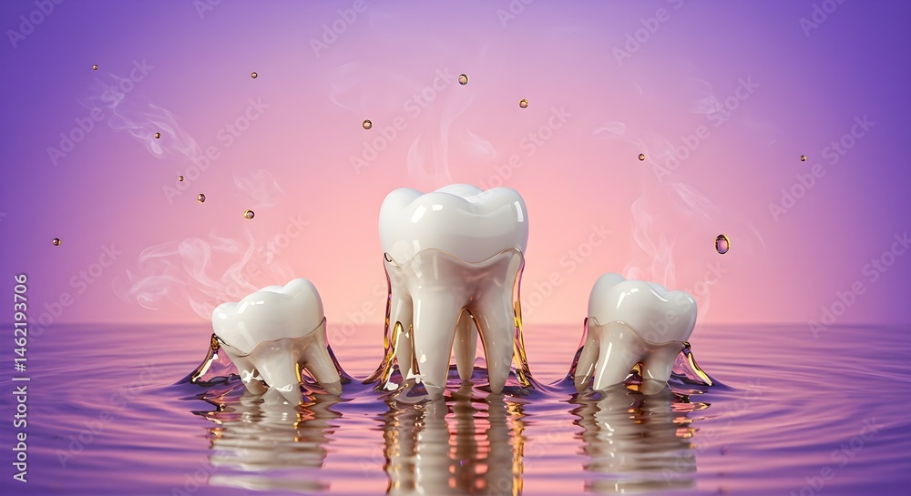 Three healthy teeth emerge from water, steam rising, showcasing oral hygiene.