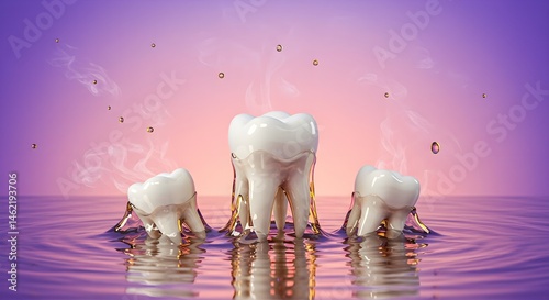 Obraz na płótnie Three healthy teeth emerge from water, steam rising, showcasing oral hygiene. w salonie