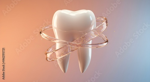 Obraz na płótnie A single, healthy tooth surrounded by a glowing, translucent ring. Dental health concept. w salonie