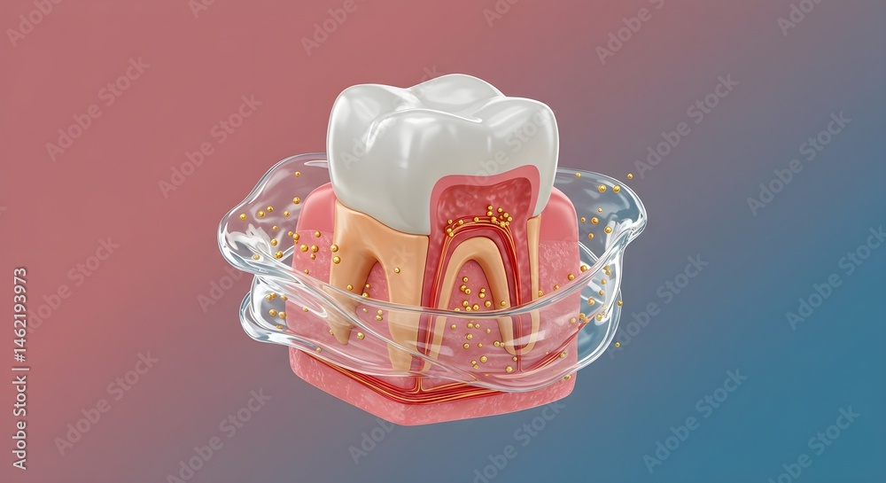 3D render of a tooth and gum with microscopic particles.