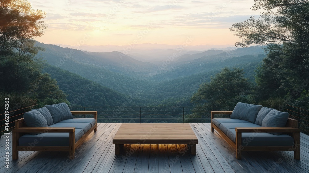Fototapeta premium Tranquil mountaintop patio with sunset views. Wooden deck, gray armchairs and a coffee table set. Lush greenery and distant valley