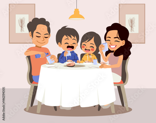 Cartoon illustration of a boy having dinner at home with sister, father and mother. Vector drawing of a daily family routine showing nutrition, warmth and parenting concept designs