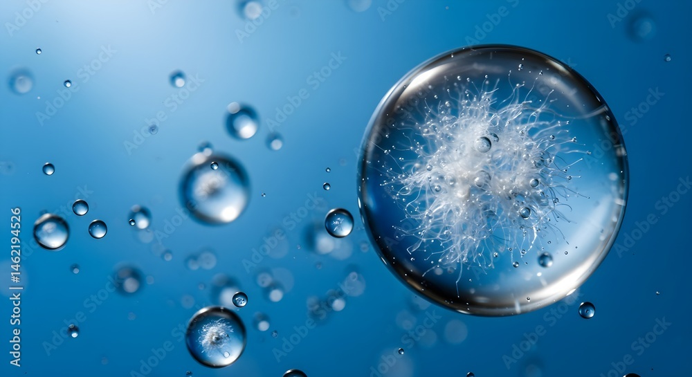 Abstract close-up of a single water droplet containing a delicate, feathery element, surrounded by smaller droplets against a blue background.