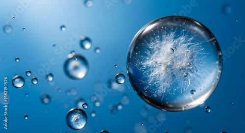 Obraz na płótnie Abstract close-up of a single water droplet containing a delicate, feathery element, surrounded by smaller droplets against a blue background. w salonie