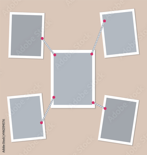 Set of 5 empty photo cards united with ropes. Mockup for photo cards, collages, presentation. Creative Blank template. Photo frames with white frame on beige background. EPS10. 