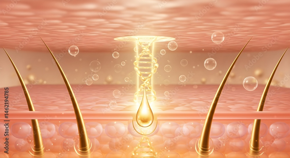 Microscopic view of hair follicles absorbing golden serum. Healthy hair growth concept.