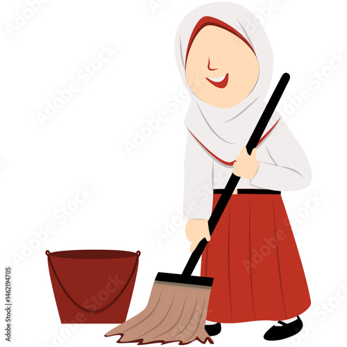 Cheerful Girl in Hijab Mopping Floor, Cleaning Illustration