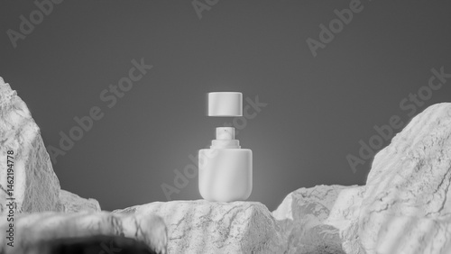 Bottle of perfume is shown on a rocky surface. The bottle is black and has a black cap. The bottle is placed on a rock, and the rock is surrounded by other mossy rocks. Premium photo 3d render.