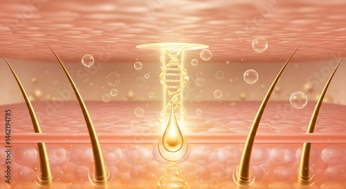 Obraz na płótnie Microscopic view of hair follicles absorbing golden serum. Healthy hair growth concept. w salonie