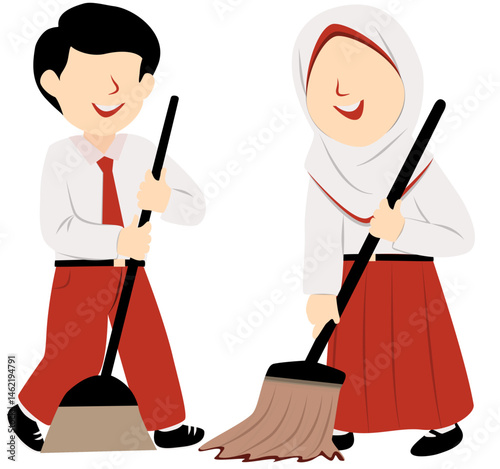 Happy Students Sweeping: Cleanliness and Teamwork Illustration