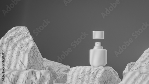 Bottle of perfume is shown on a rocky surface. The bottle is black and has a black cap. The bottle is placed on a rock, and the rock is surrounded by other mossy rocks. Premium photo 3d render.