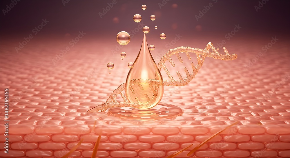 Golden serum droplet with DNA strand, illuminating skin cells. Cellular regeneration concept.