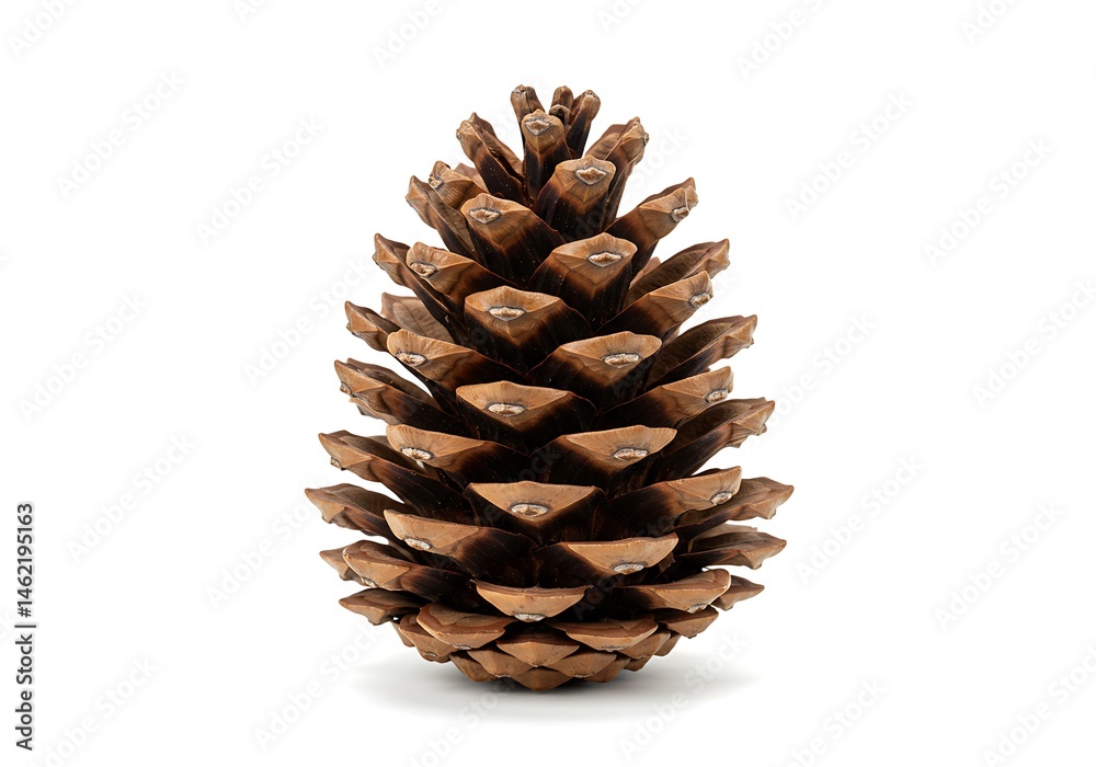A single brown pinecone with visible scales isolated against a plain white background in a studio shot A single brown pinecone with visible scales isolated against a plain white background in a studio shot