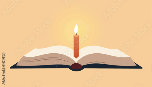 Open book and candle illuminating pages in a warm color background  