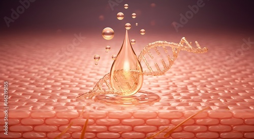 Obraz na płótnie Golden serum droplet with DNA strand, illuminating skin cells. Cellular regeneration concept. w salonie