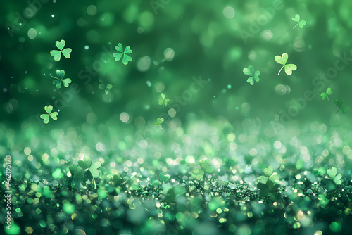 Lush Green Clover on the Ground, Illuminated by Sparkling Green Lights in the Background, Evoking the Joyful Celebration and Natural Beauty Associated with St. Patrick's Day and Irish Traditions