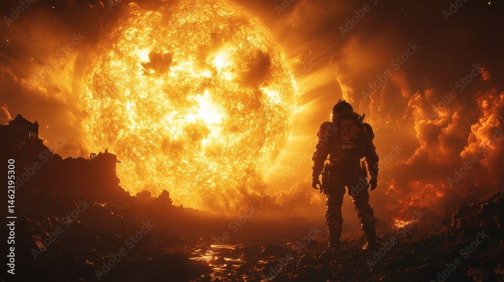 Fototapeta premium Silhouette figure standing against fiery sphere