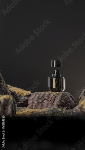 Bottle of perfume is shown on a rocky surface. The bottle is black and has a black cap. The bottle is placed on a rock, and the rock is surrounded by other mossy rocks. Premium photo 3d render.