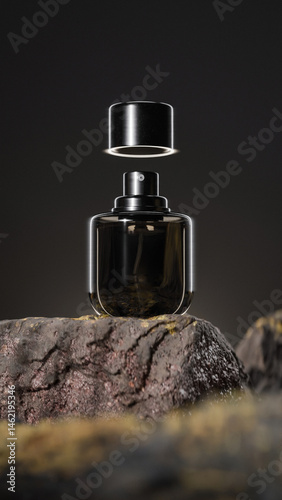Bottle of perfume is shown on a rocky surface. The bottle is black and has a black cap. The bottle is placed on a rock, and the rock is surrounded by other mossy rocks. Premium photo 3d render.