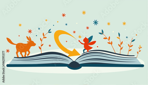 Fairy tale book with a child and an animal celebrating World Book Day  