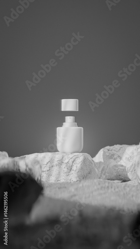 Bottle of perfume is shown on a rocky surface. The bottle is black and has a black cap. The bottle is placed on a rock, and the rock is surrounded by other mossy rocks. Premium photo 3d render.