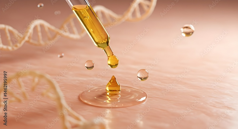 Golden serum drops on skin with DNA strand. Science meets beauty.