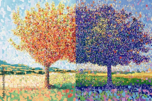 Pointillism seasonal tree with dot density variations, representing the changing seasons through intricate dot patterns.