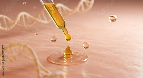 Golden serum drops on skin with DNA strand.  Science meets beauty.